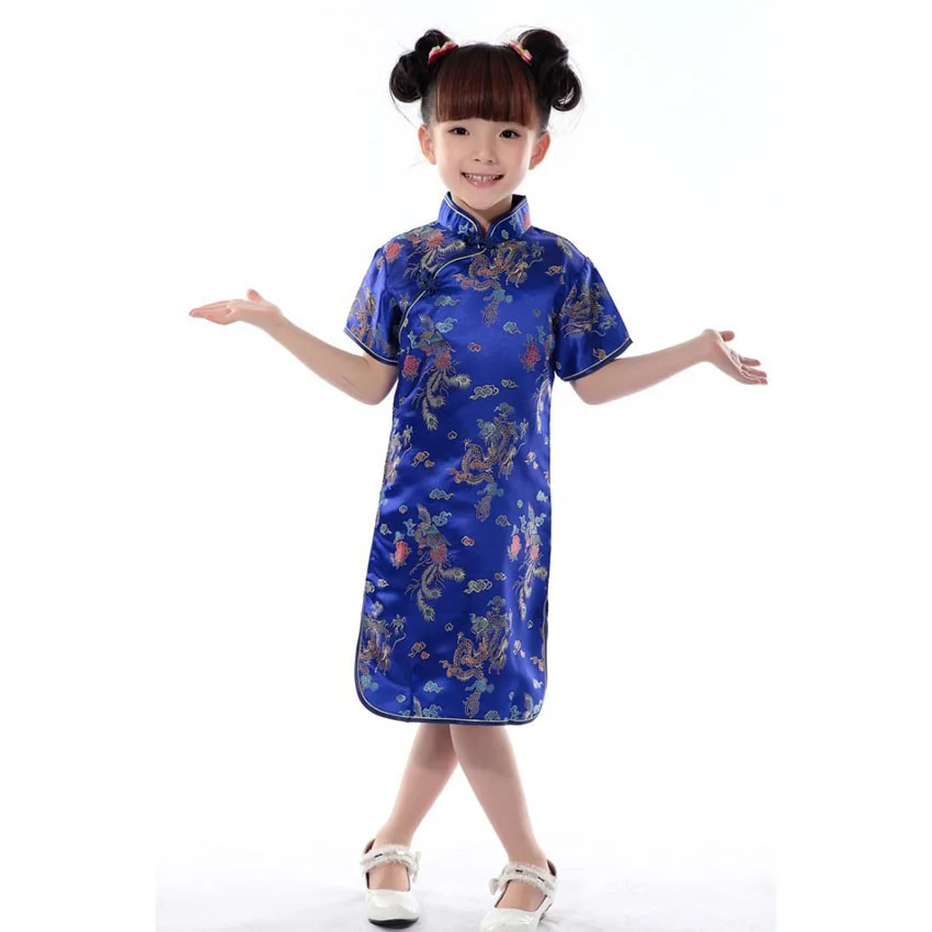 Children Girls Vintage Oriental Chinese Traditional Costumes Cheongsams Dragon Embroidery Satin Silk Dresses for Kids Girls