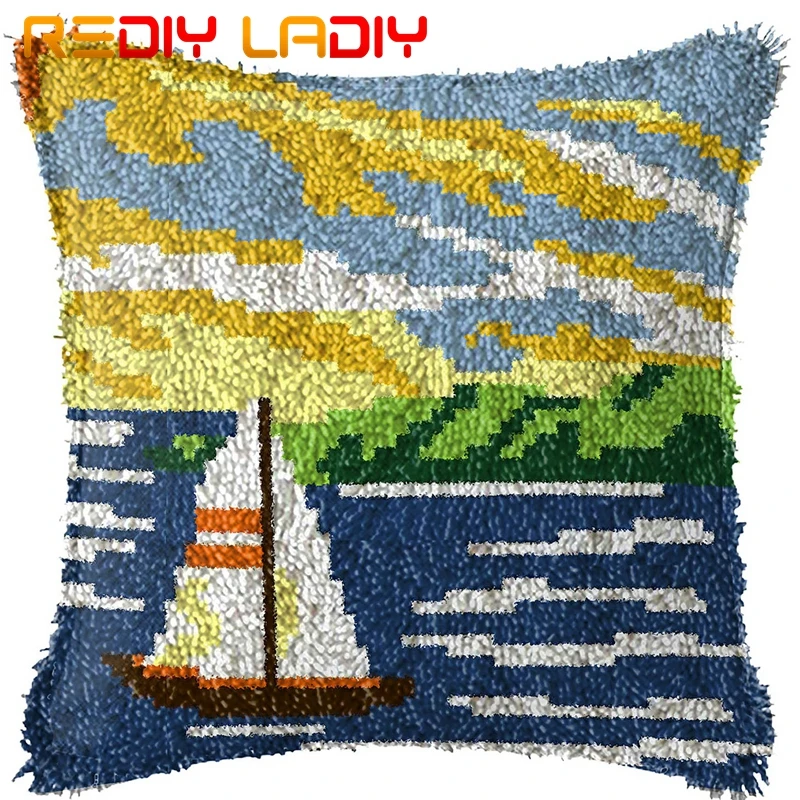 Latch Hook Cushion Sailboat Coast Printed Canvas Front Acrylic Yarn Crochet Pillow Case Kits Hobby &amp Crafts Home Decor | Дом и сад