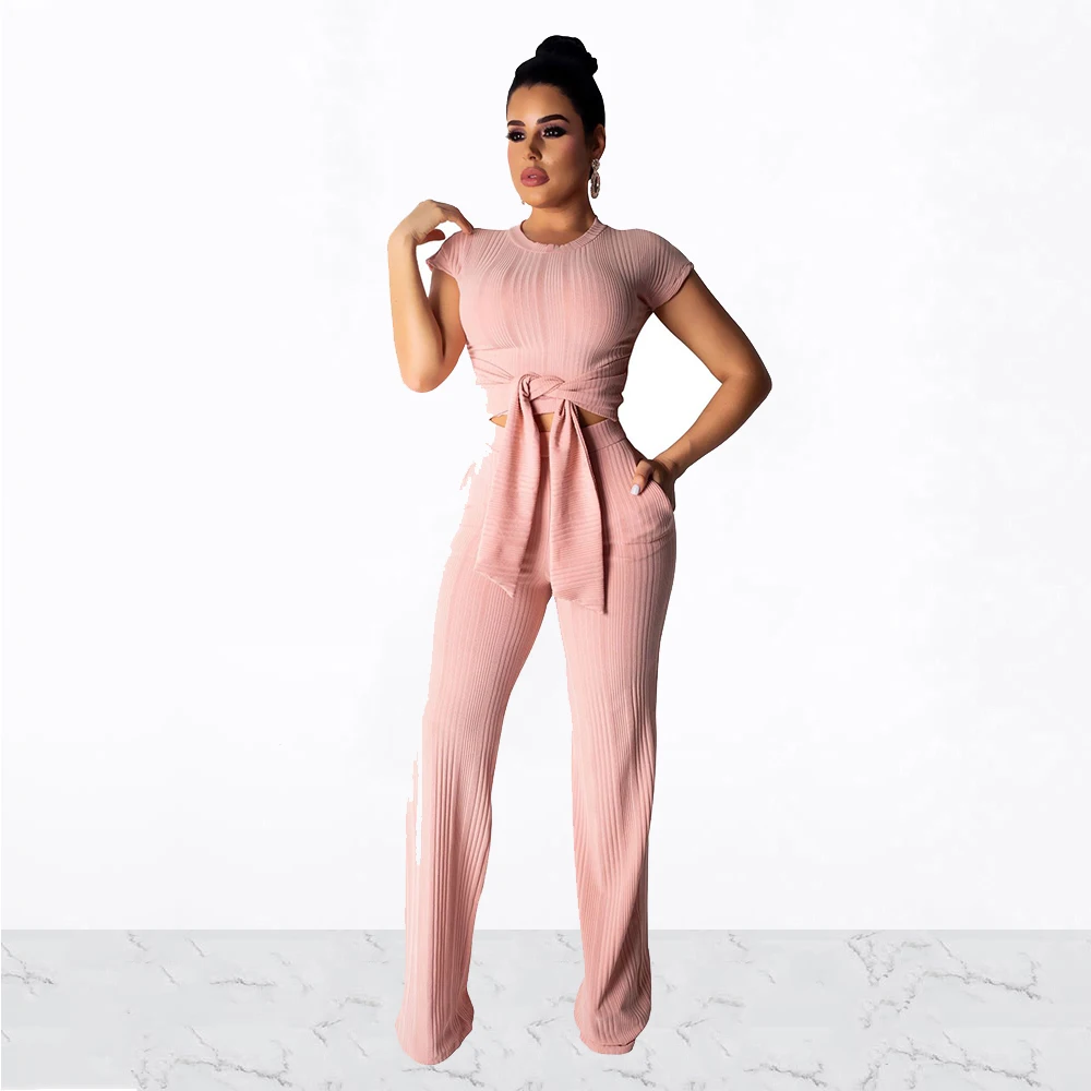 

Elegant Women Knitted 2 Piece Set Short Sleeve Tie Up Sweater Tops + Long Pants Suits Spring Autumn Streetwear Matching Sets