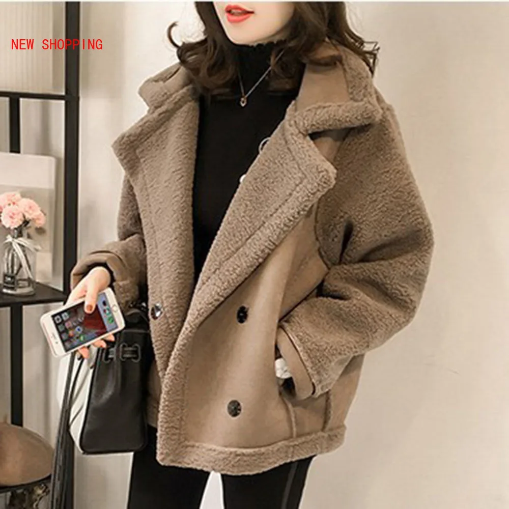 Winter New Lapel Lamb Wool Coat Female Loose Oversized Fur Motorcycle Jacket Tide Thicken Warm Fashion Women Jackets Coats Khaki