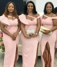 Mermaid Bridesmaid Dresses Ruffles Satin Off Shoulders Wedding Guest Gowns Custom Made Front Split Maid Of Honor Gowns