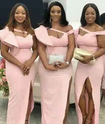 Mermaid Bridesmaid Dresses Ruffles  Satin Off Shoulders Wedding Guest Gowns Custom Made Front Split Maid Of Honor Gowns