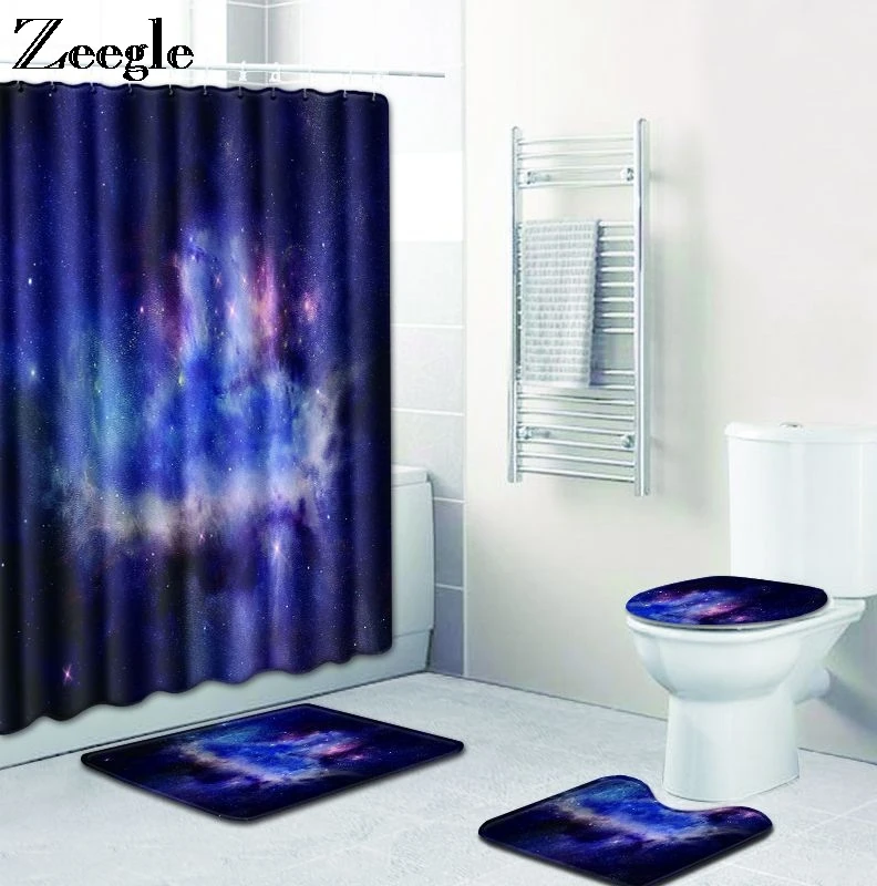 Zeegle Bathroom Mat Set with Shower Curtain Pedestal Rug Toilet U Type Mat Non-slip Bath Foot Mat Waterproof Shower Toilet Set