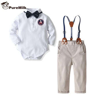 

PureMilk Baby Jumpsuit With Strap Pants White Top With Bowtie Newborn Clothing Set