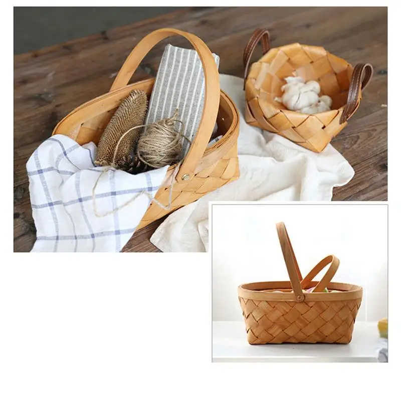 Korb Lagerung Woven Wicker Mit Körbe Griff Container Holz Picknick Rattan Kleine Blume Griffe Tragbare Haushaltswaren Obst