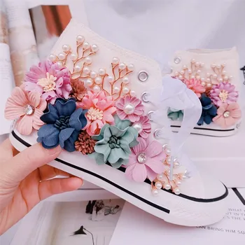 

Pearls Bead Women's Sneakers Vucanized Shoes Woman 2020 Spring Floral White Casual Canvas Shoes Ladies Trainers Zapatillas Mujer
