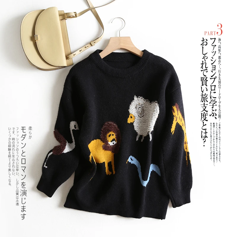 

Knitted Sweater Women Jumper Winter 2019 New Fashion o-neck cartoon print Casual Thick Pullover Fashion knitted black top