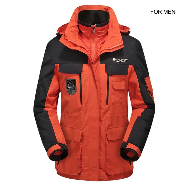 Мужская куртка, зимняя, водонепроницаемая, мужская, походная куртка, теплое пальто, 2 в 1, одежда для катания на лыжах, мужская, толстая, с капюшоном, парка, мужская, плюс бархат - Цвет: Оранжевый