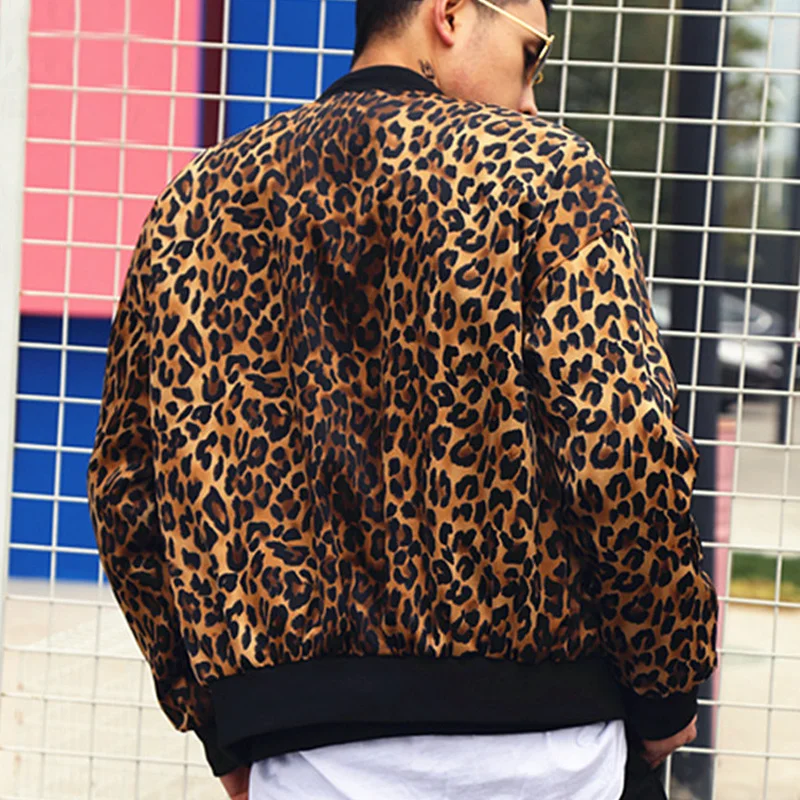 Leopard Print Baseball Jacket Fashion Style Mens Autumn Jacket Classic Personality Hip Hop Coat Nightclub Bar Hairdresser