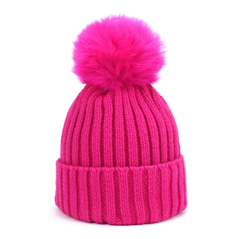 H Детская шапка, женские шапки, вязаные шапки Skullies, шапка с помпоном из искусственного меха, белая, осенняя, зимняя, теплая, чистый цвет, высокое качество - Цвет: H