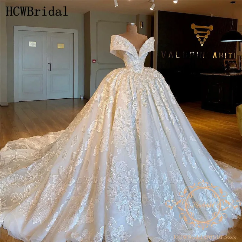 Дубай принцесса свадебные платья огромные цветы v-образный вырез с открытыми плечами Длинный Шлейф Свадебные платья на заказ Robe De Mariee