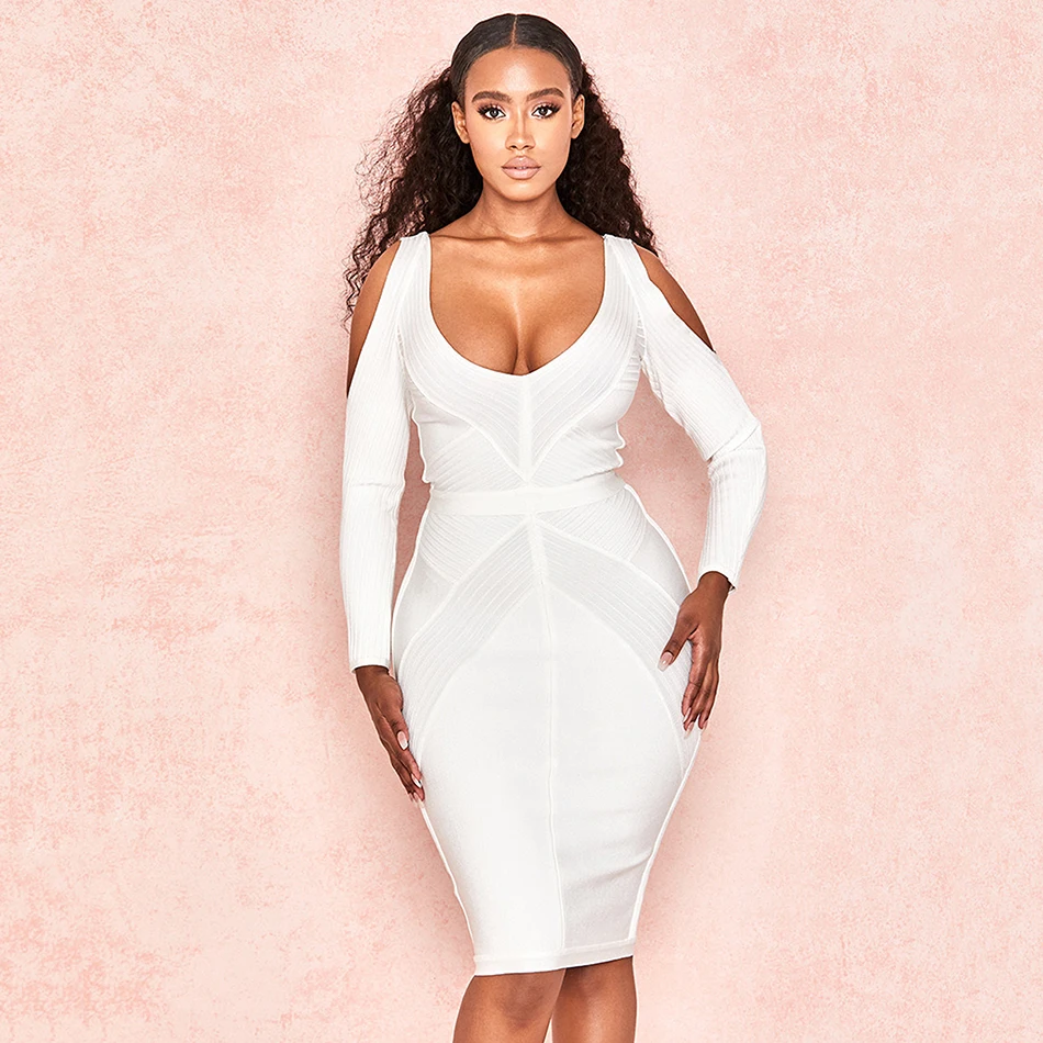 Ailigou осеннее новое женское белое Бандажное сексуальное платье с длинным рукавом и v-образным вырезом Vestidos облегающее платье