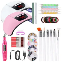 Набор для ногтей, УФ-светодиодный светильник, сушилка с 15 шт., Шлифовальная головка для ногтей, набор инструментов для маникюра, электрическая дрель для ногтей, точечный инструмент для дизайна ногтей