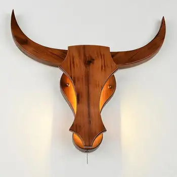 

New Chinese style creative solid wood bedside lamp ox head wall lamp bedroom simple living room LED corridor porch light