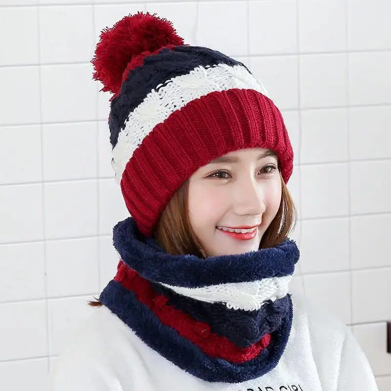 wine Fashion Winter Hat Scarf Set For Women Girl Warm Beanies Cap Lady Ring Scarf Pompoms Winter Hats Knitted Caps Scarf 2 Pieces - Цвет: wine