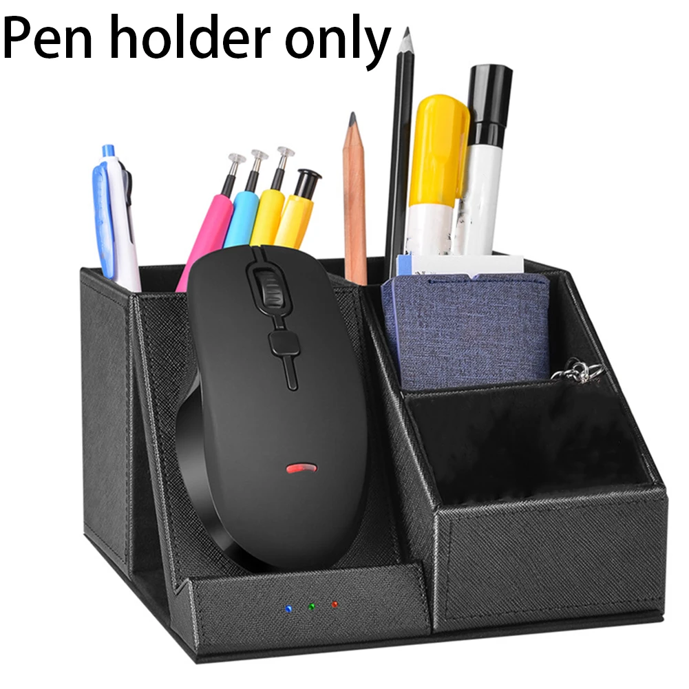 

Pen Holder Desktop Organizer Station PU Leather Durable Container Stand Black Multifunction Universal Storage Wireless Charger