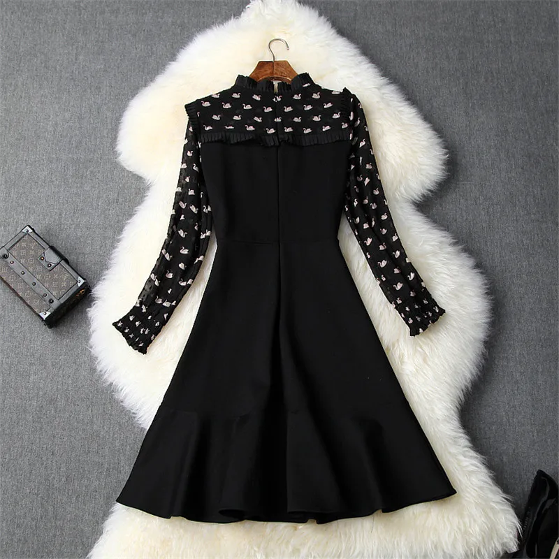 High Fashion Autumn Winter Dresses for Women New Elegant Clothes Long Sleeve Ruffle Print Patchwork Casual Dress Black