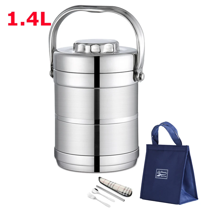 1.4L Silver and Bag 1,4-л вакуумный Ланч-бокс из нержавеющей стали Термос тепловой контейнер для еды офисный детский студенческий для школьных Бенто-бокс розовый большой мешок - Цвет: 1.4L Silver and Bag