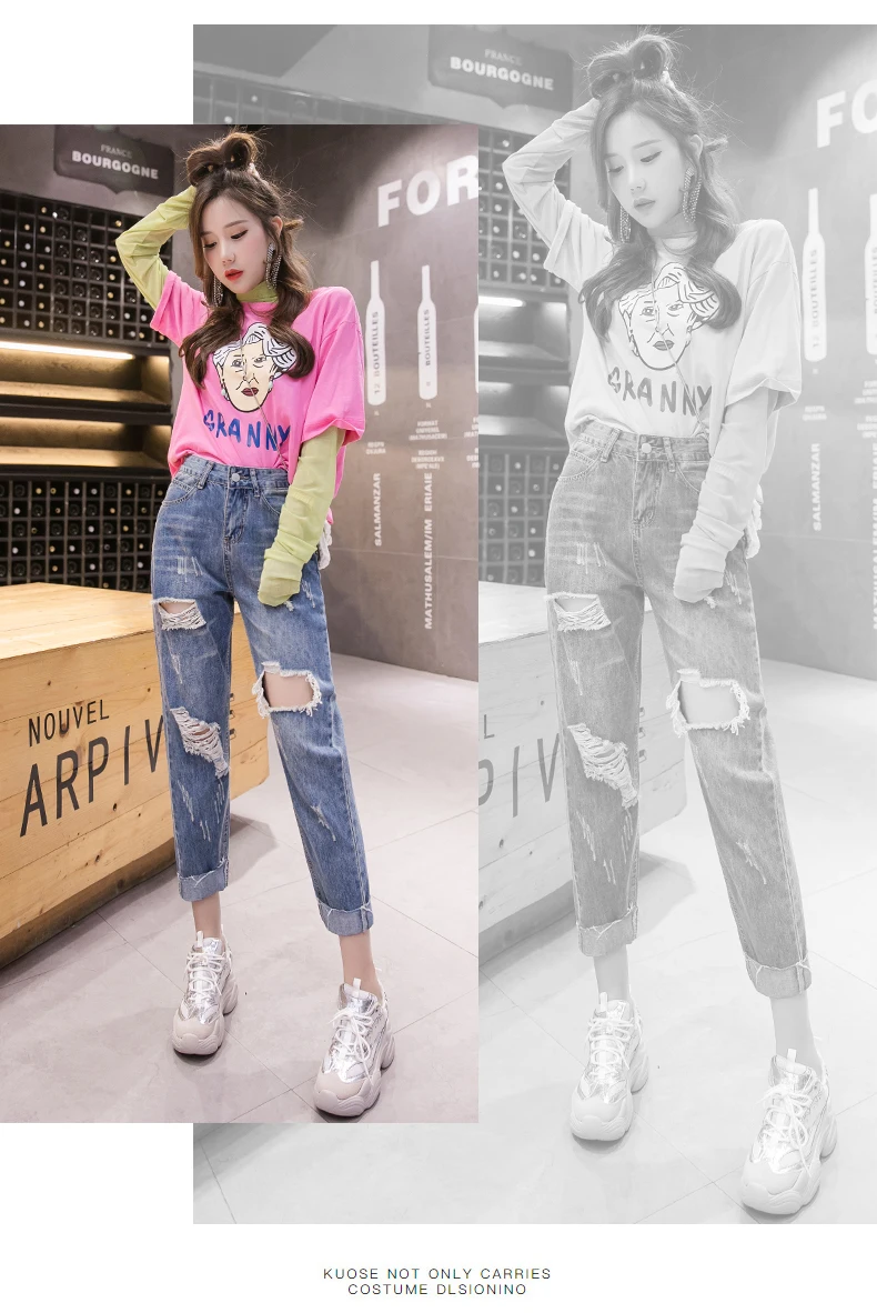 Тонкие летние новые стильные джинсы Hyuna с дырками, женские свободные капри в Корейском стиле с высокой талией, прямые штаны для папы редиски