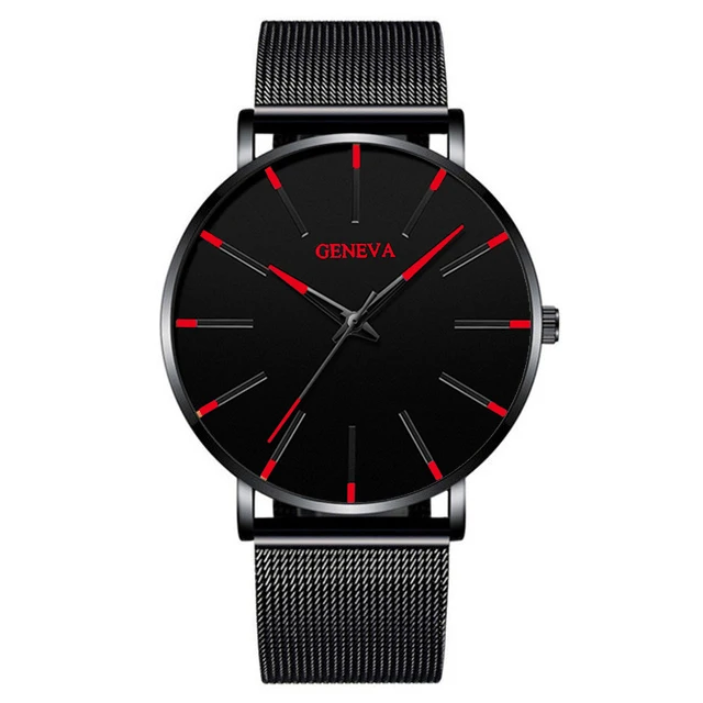 2021 NEW Watch Men Stainless Steel Mesh Belt Quartz Minimalist Ultra Thin Watches Men's Sports Leather Watch relogio masculino Mesh Black Red