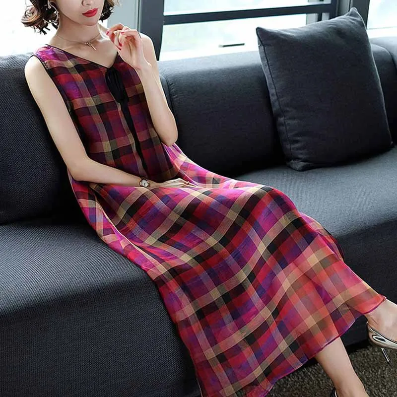 

Organza Silk Dress Women's Sleeveless Vest Dress 2019 Spring Clothing New Style Slimming Plaid Long Skirts Summer Can