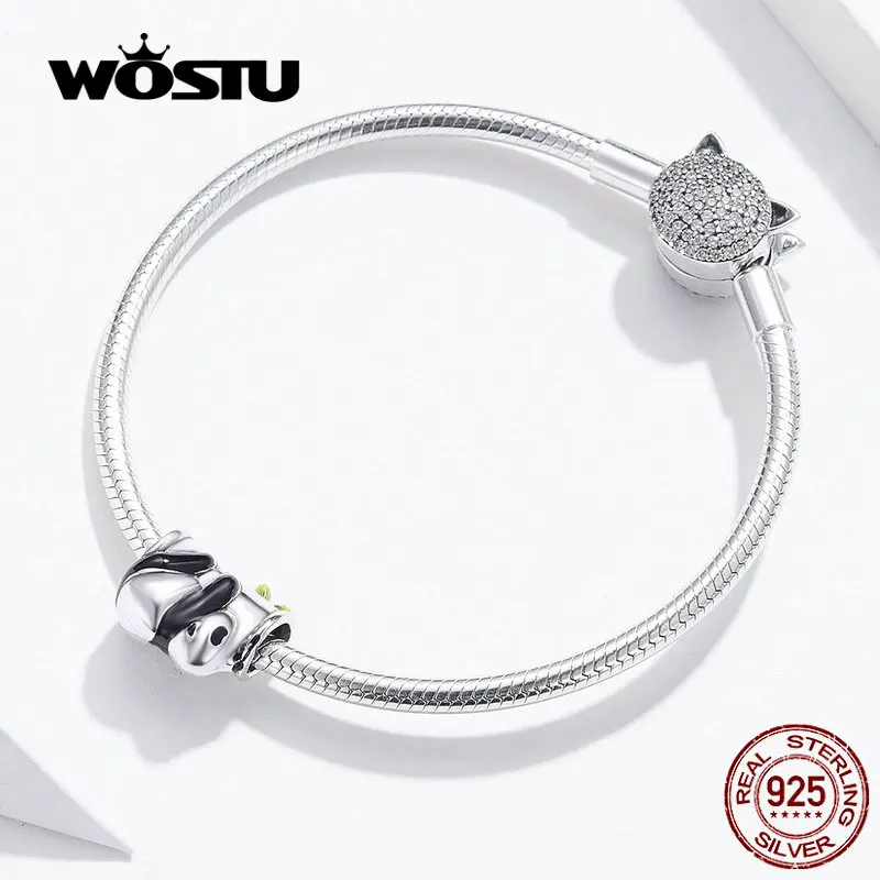 WOSTU новые зеленые бусы из бамбука и панды, Аутентичные серебряные бусины 925 пробы, амулеты, модные DIY Ювелирные изделия BNC096