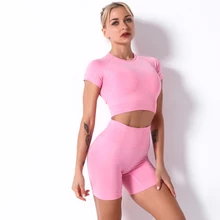 Sem costura conjunto de yoga feminino esporte curto + manga curta topo push up shorts yoga shorts de fitness roupas de treino esportivas para mulher