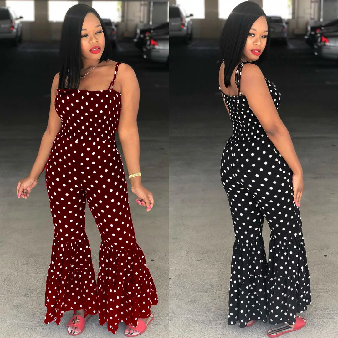 

2019 Summer Casual Pant Sexy Dot Print Trumpet Jumpsuit Sling Wine Red Black S-XL Ankle Length Fashion New Arrival Drop Shipping