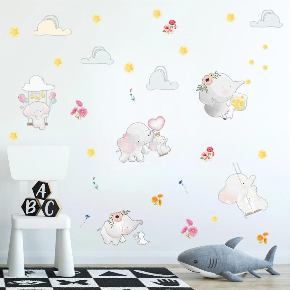 

Baby Elephant Flower Wall Sticker Funny Rabbit Cartoon Animals Stars Cloud Decals For Kids Girls Room Bedroom Home Mural Decor