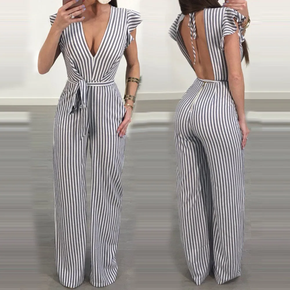 

Jumpsuit summer must have super gas field women's summer sleeveless striped back ruffle sexy jumpsuit Bộ đồ liền thân nữ