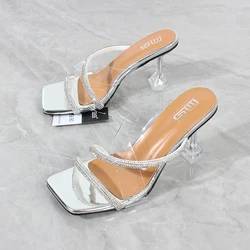 Women's High Heel Sandals 2023 Summer New Rhinestone Belt Transparent Horseshoe Heel Slippers Fashion Party Women Sandals 7.5CM