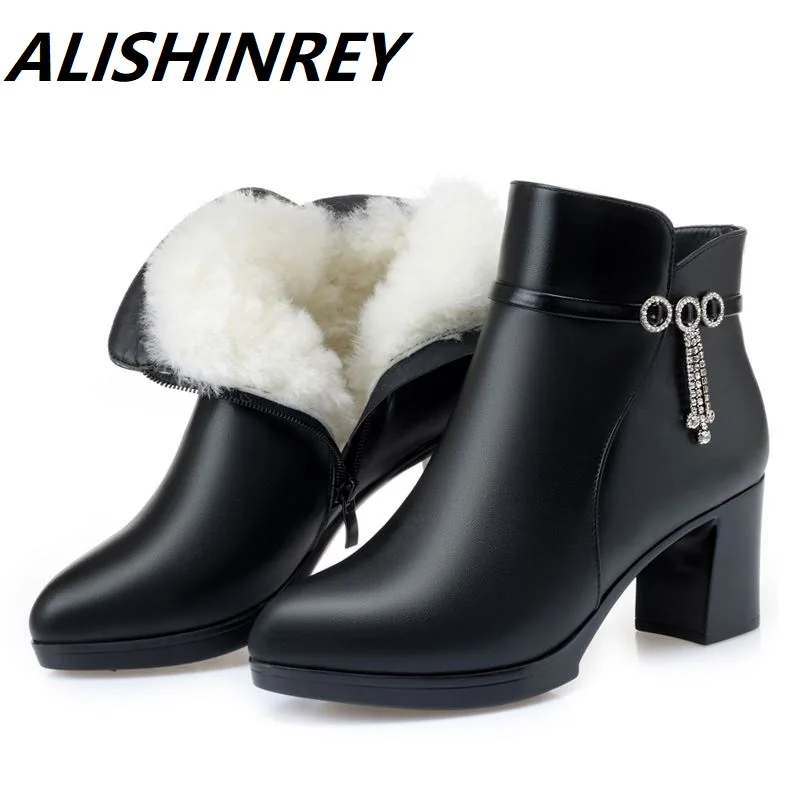 ALISHINREY/зимние женские ботильоны на толстом каблуке; шерстяные зимние ботинки; Качественная теплая обувь из натуральной кожи на высоком каблуке