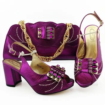 

Hot sale magenta women pumps with big crystal decoration african dress shoes match handbag set MM1104,heel 8.5CM