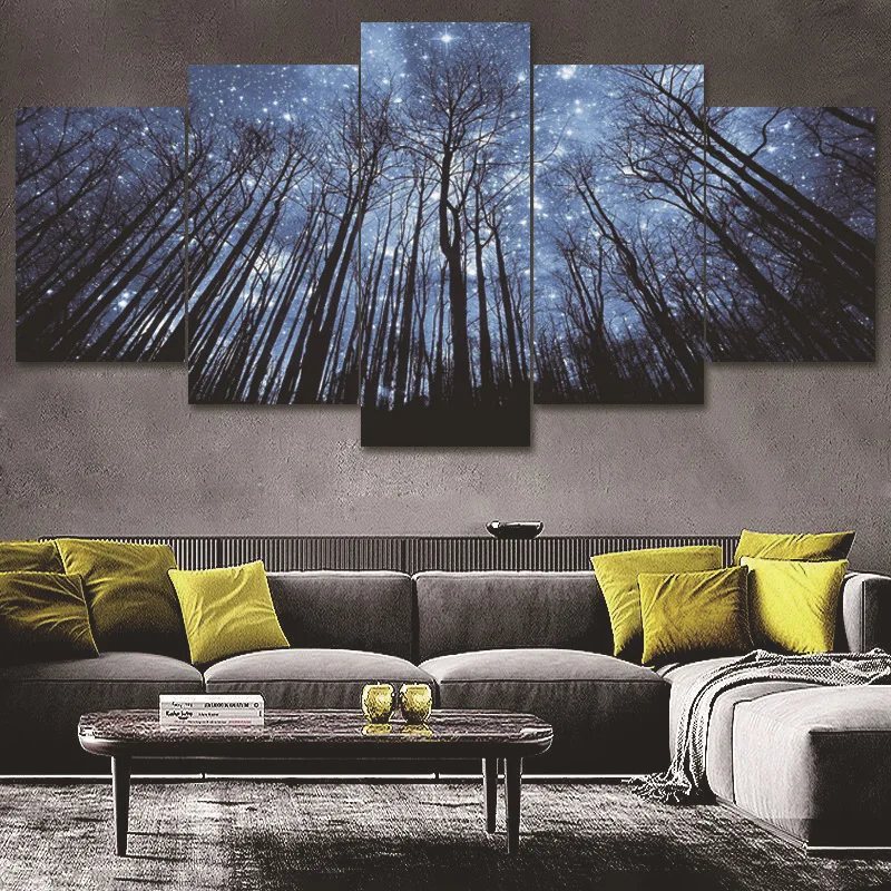 Night Sky Star Forest Landscape 5 Panel Canvas Painting Print Living Room Home Decor Modern Wall Art Oil Poster Picture | Дом и сад