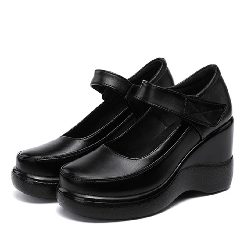 

Big Size 32-43 Black Platform Shoes Wedge Women's Pumps Thick Bottom Round Toe Split Leather Shoes For Office Ladies High Heels