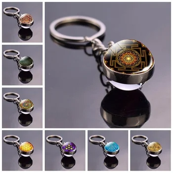 

Sri Yantra Mandala Key Chains Buddhist Sacred Geometry Key Rings Yoga Spiritual Glass Ball Key Buckle Indian Jewelry