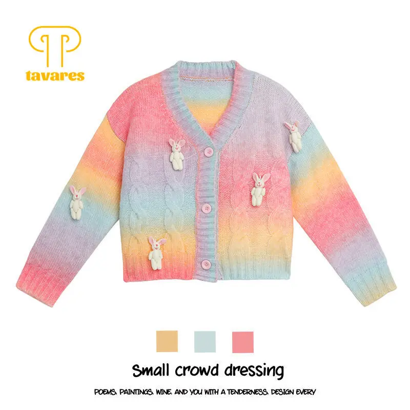 

TAVARES Cardigan Sweaters Spring Autumn Clothes Women Oversized Jacket Cute Rabbit Rainbow Tie Dye Gradient Knitted Sweater