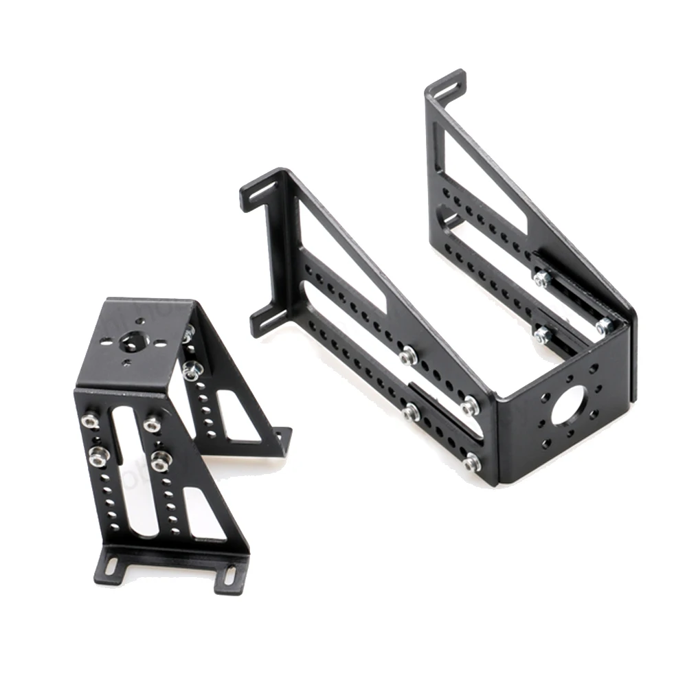 Gros plan sur le support moteur drone réglable en métal, montrant les trous de fixation et la vis de serrage.