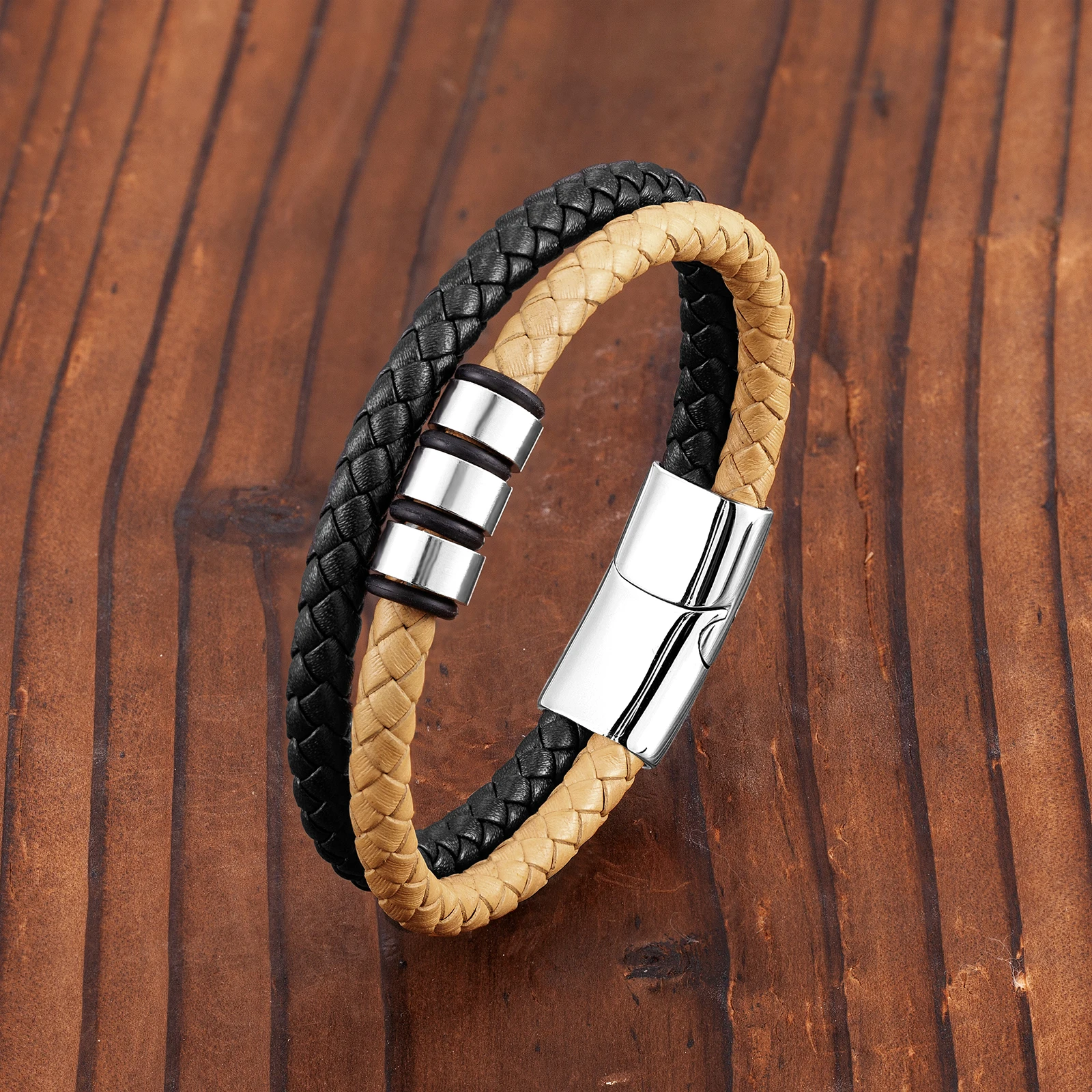 New Simple Punk Style 3 Rings 316L Stainless Steel Magnetic Buckle Men's Bracelet Two Tone Leather Cord Charm Jewelry Bracelet bracelet jewelry