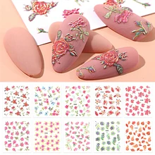 1 шт., 5D наклейки с тиснением для ногтей, цветущие цветы, кленовые листья, трава, самоклеющаяся наклейка, весна-осень, слайдер для растений, инструменты для дизайна ногтей