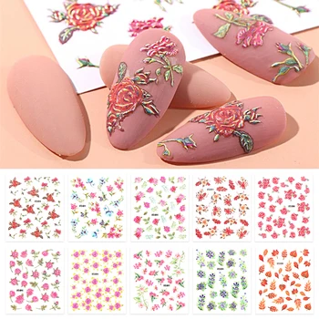 

1pcs 5D Acrylic Engraved Flower Nail Sticker Flower Leaves Water Decals Empaistic Nail Water Slide Decals Nail Art Stiker Ongle
