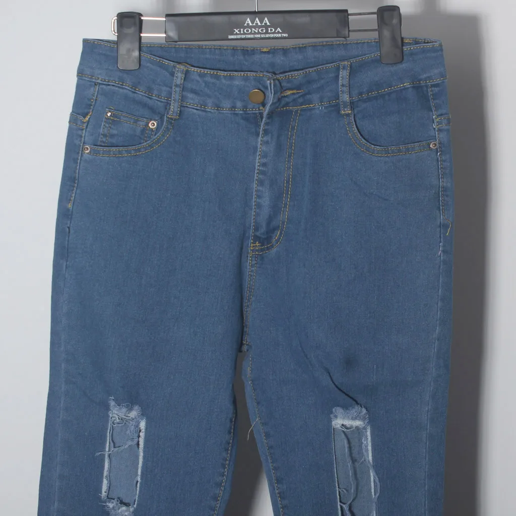 Womail джинсы больших размеров, женские джинсы с высокой талией, одноцветные джинсы с дырками и карманами, сексуальные брюки-карандаш на пуговицах, повседневные женские джинсы
