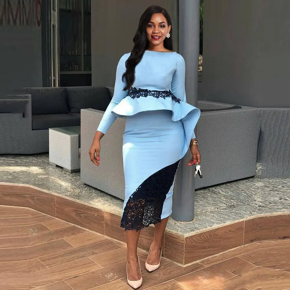 

Nine Points Sleeve midi Dress Elegant Women Summer Lace Patchwork Office Dress Sky Blue High Waist ruffle robe femme vestidos