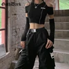 Goth Dark E-girl Style Patchwork Black T-shirts Gothic One Shoulder Sleeve Y2k Crop Tops Ruffles Hem Hip Hop Techwear Women Tees ► Photo 2/6