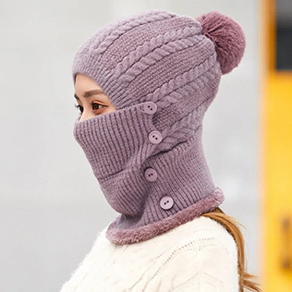 Универсальные многофункциональные Зимние шапки Skullies, теплые одноцветные кнопки, теплый вязаный шарф, шерстяная шапка, головной убор, femme hiver