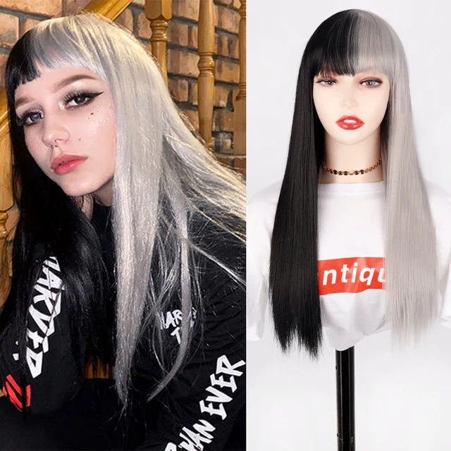 Synthetic Hair Pink and Black Wig Long Straight hair Cosplay Wig Two Tone Ombre Color Women Wigs 1B-T0906