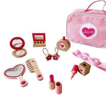 

Girl Princess Cosmetic Travel Gift Wooden Toy Pretend Play Birthday Bag Kit Portable Dressing Non-toxic Kids Makeup Set Safety