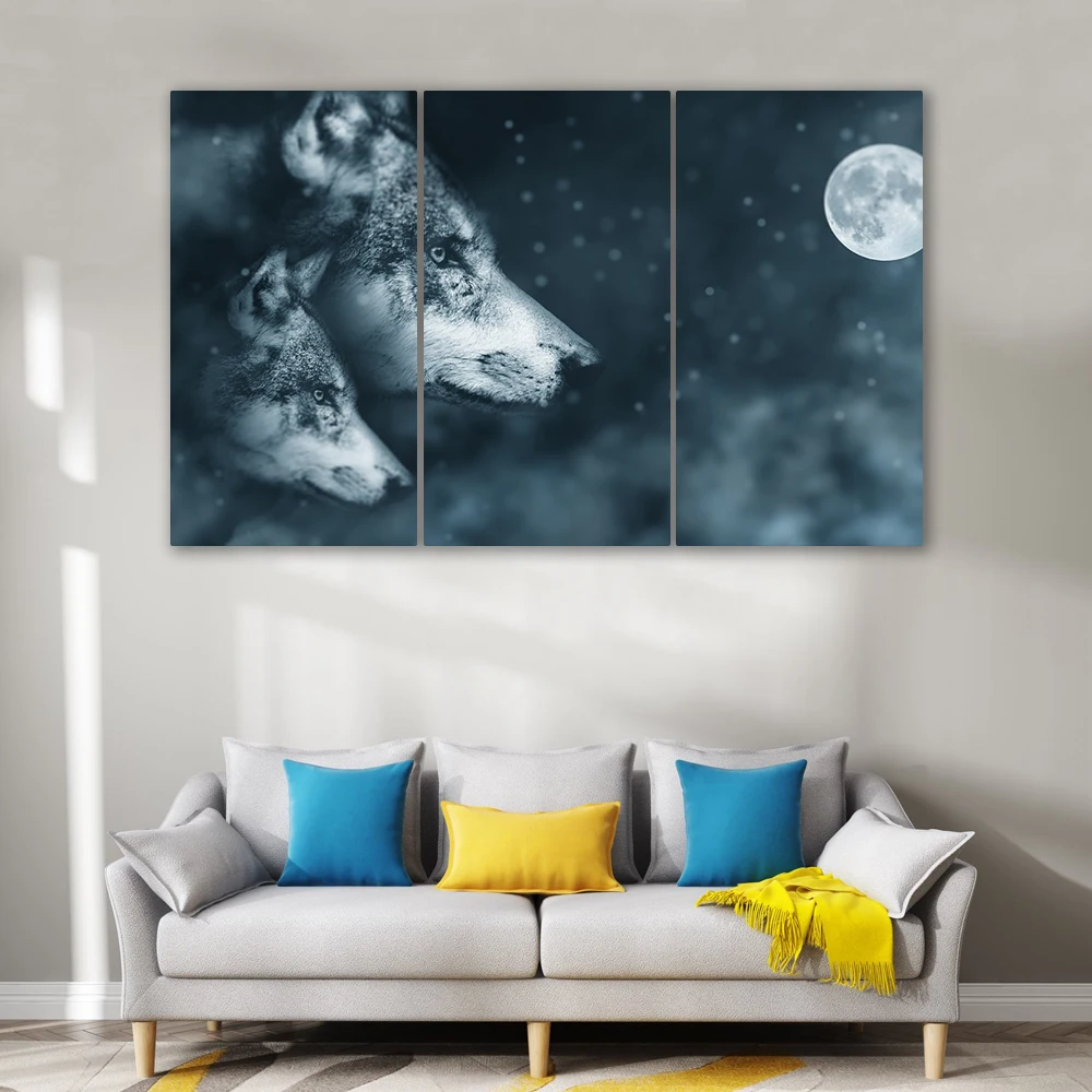 

CAPICS 1 3 4 5 Panels Cozy Living Room Wolf Moon Night Blue Printings Waterproof Ink Wall Art Frostwolf Paintings for House
