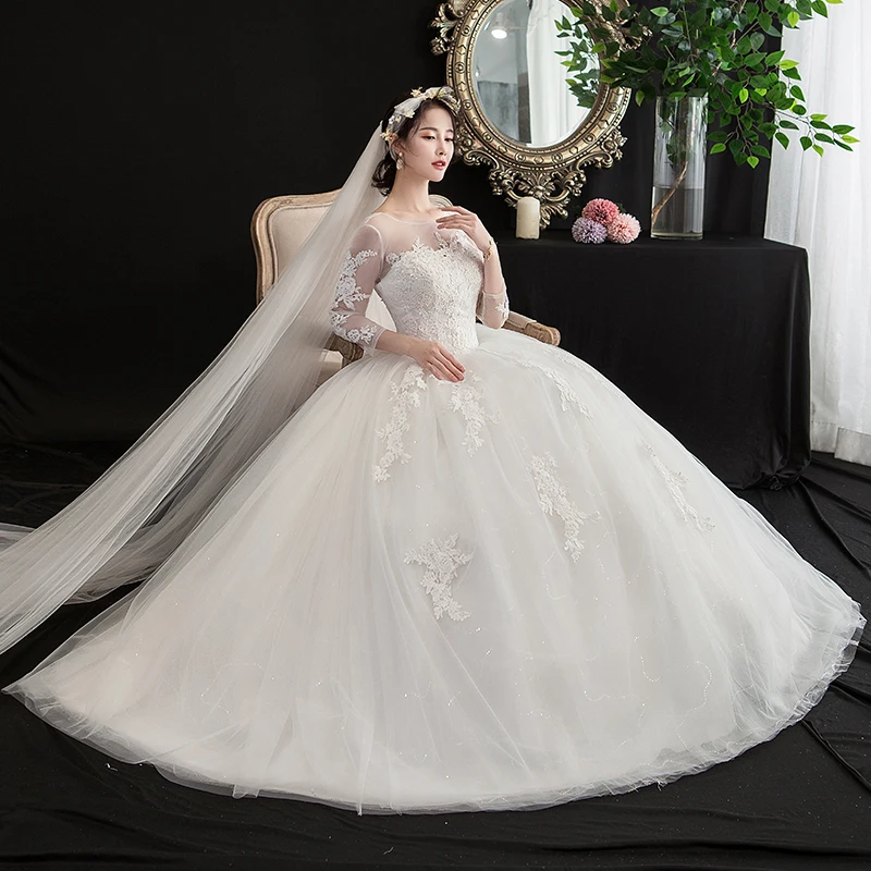 Новое летнее легкое свадебное платье, Vestidos De Novia, новое белое платье принцессы с круглым вырезом и кружевной аппликацией