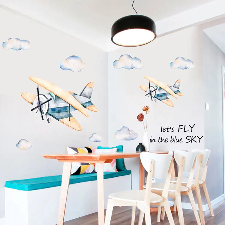 Cartoon-Wolken-Flugzeug-Wandaufkleber für Kinderzimmer, Schlafzimmer, Wohnzimmer, Dekoration, Wandbild für Heimdekoration, Aufkleber, Flugzeug-Tapete – Detail 4